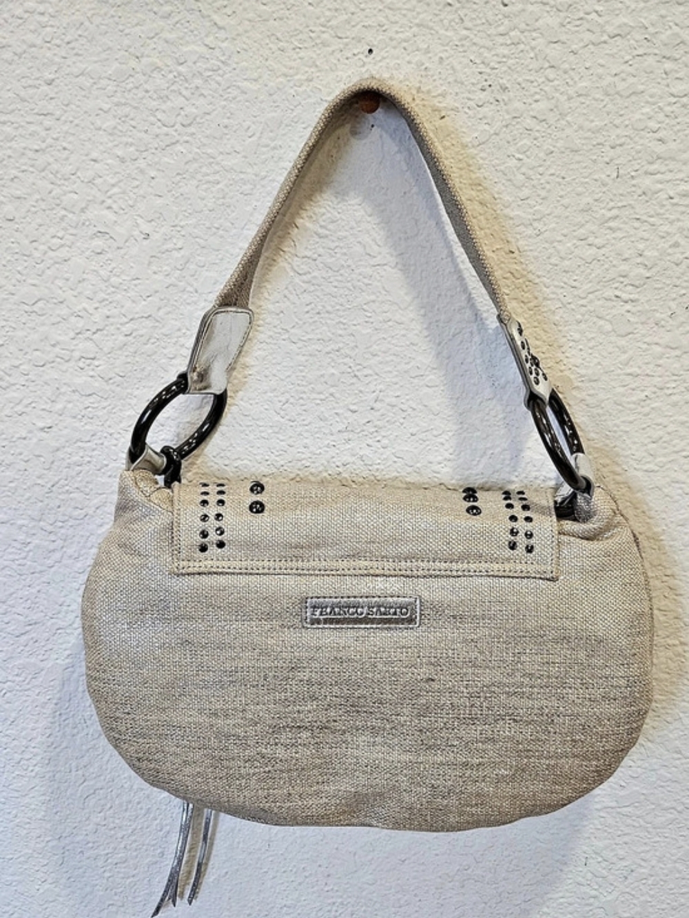 Franco Sarto Vintage Tan Canvas Shoulder Bag Studs Key Chain - Picture 2 of 12